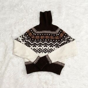 Women American Eagle Aztec Turtle Neck Knit Sweatshirt Brown/ White Extra Small